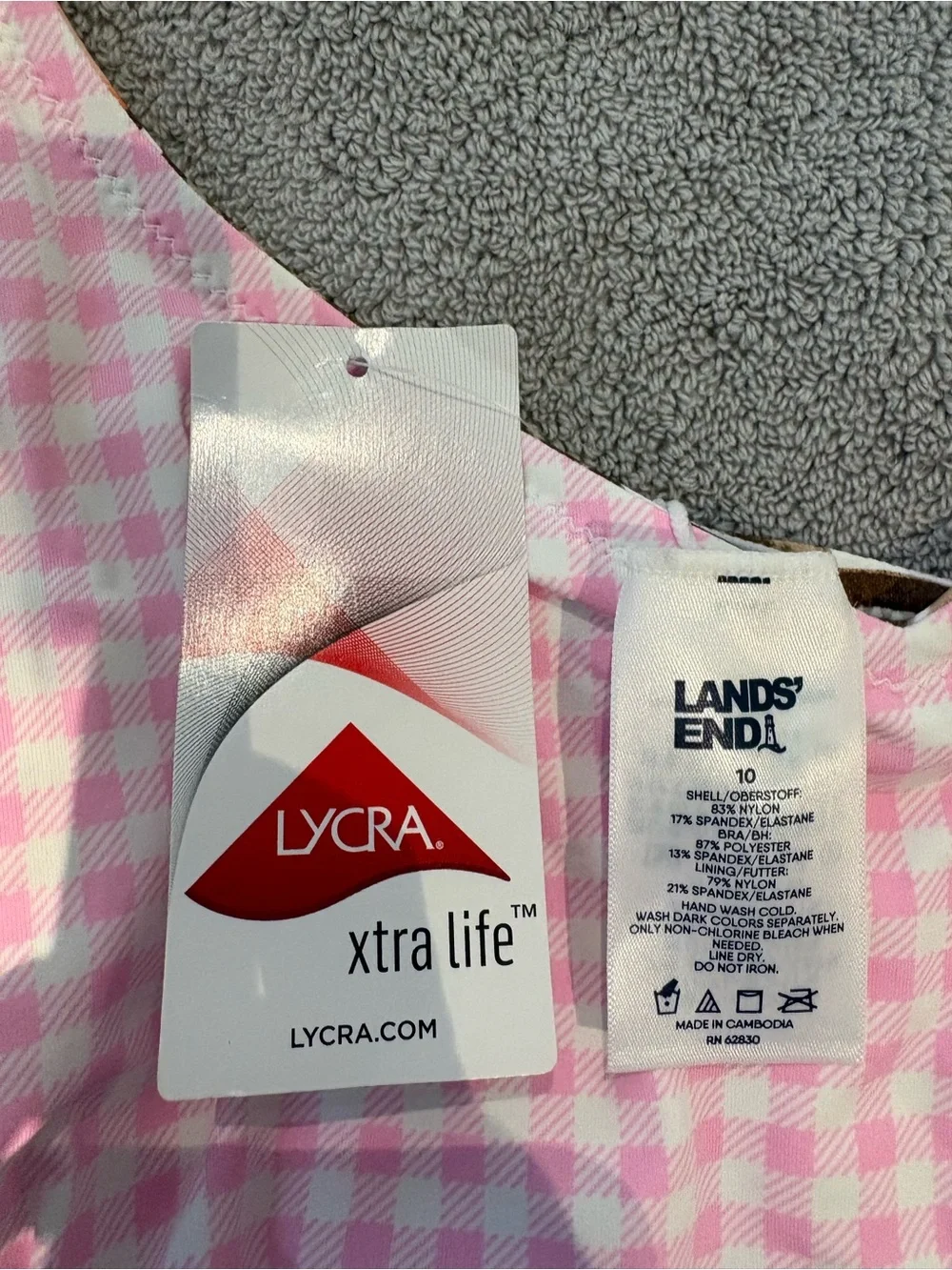 NWT Lands' End Pink Gingham ReversibleTankini Top and High-Waist Bikini Bottoms